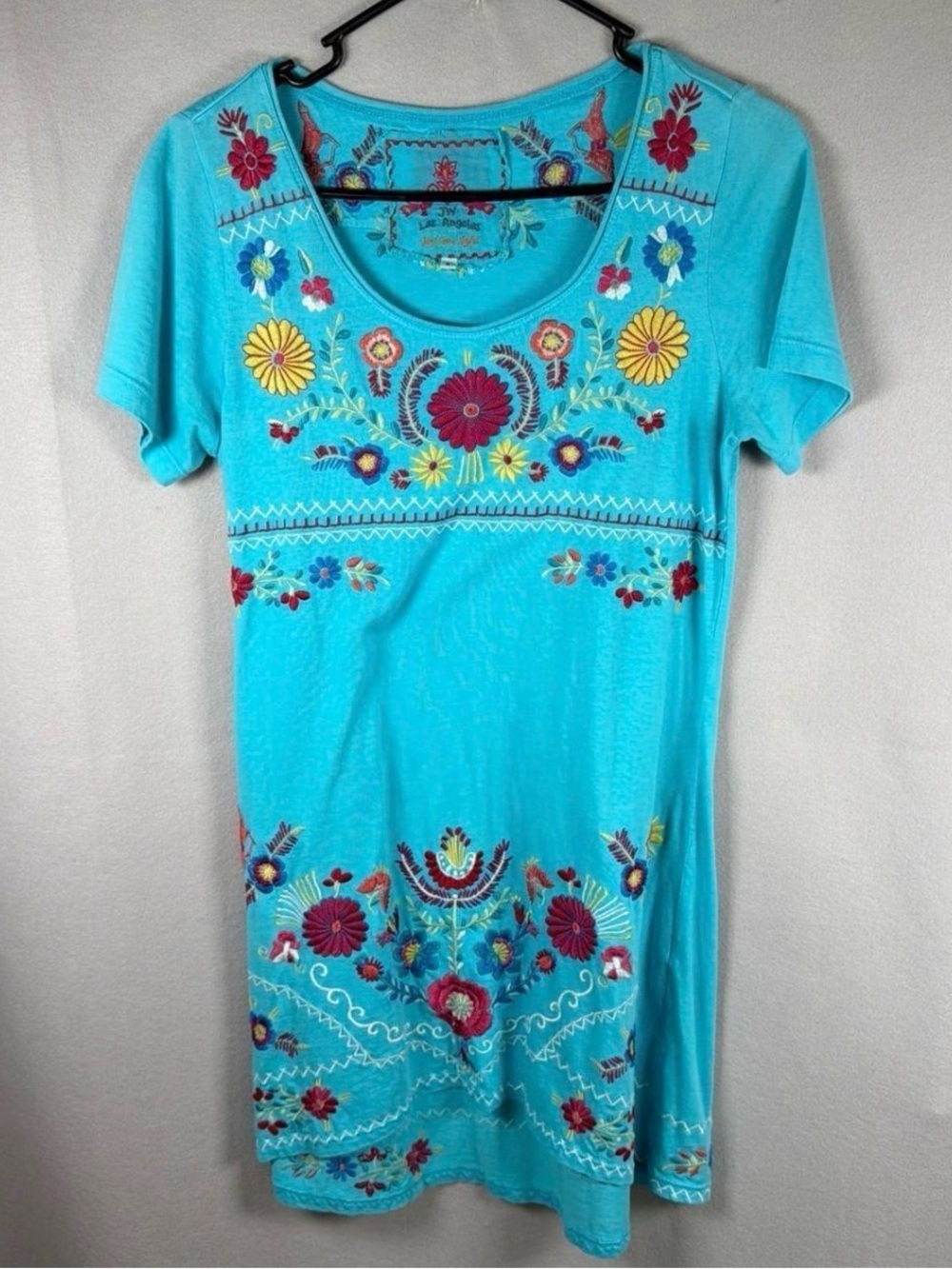 Johnny Was Turquoise Embroidered Scoop Neck Mini Dress